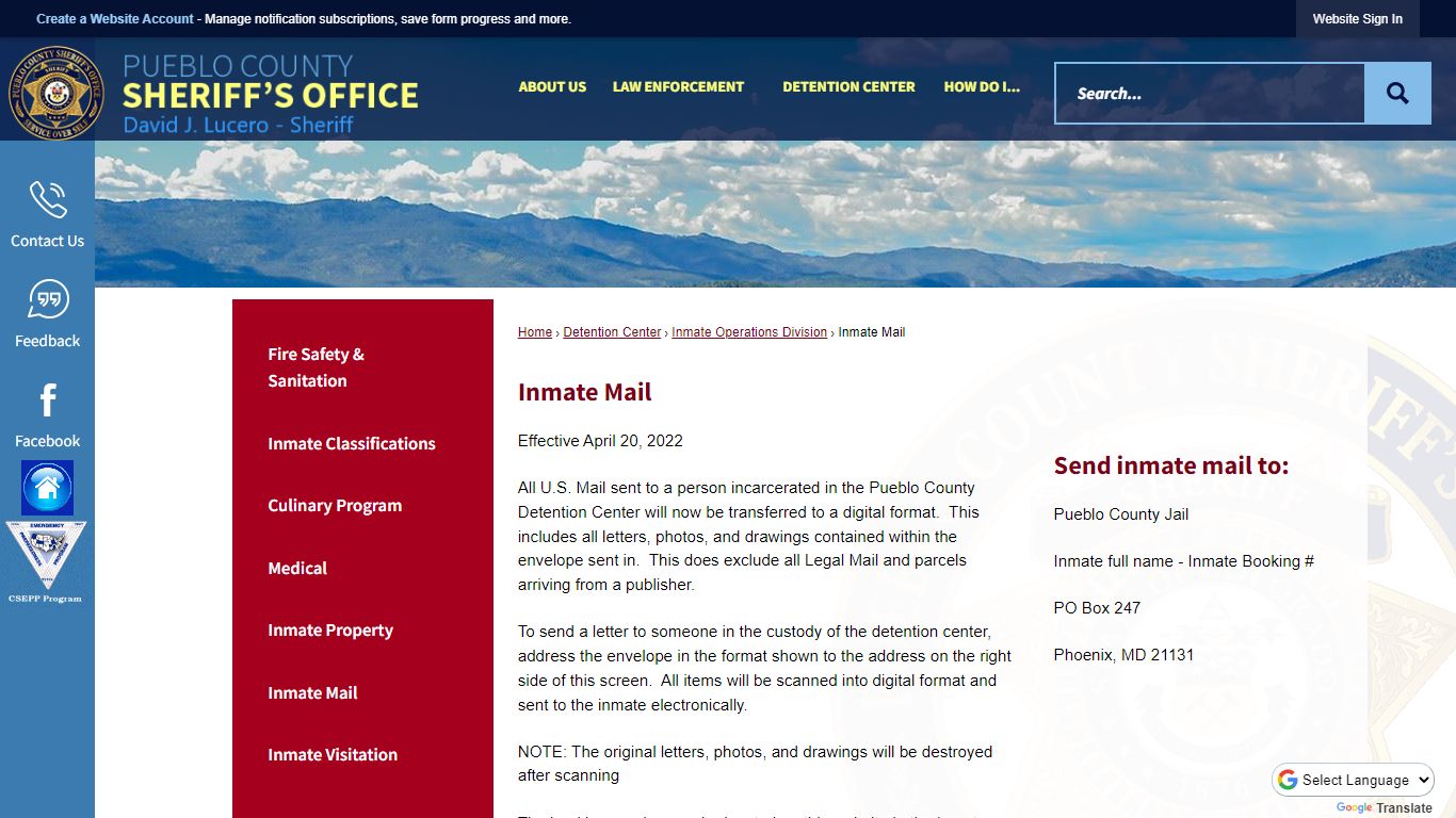 Inmate Mail | Pueblo County Sheriff, CO